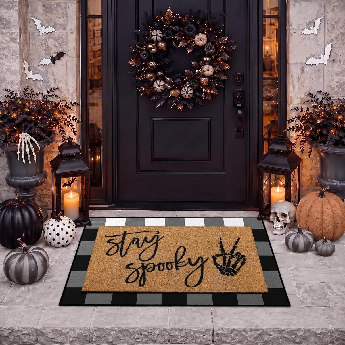 Drydiet Halloween Door Mat, Layered Buffalo Plaid Non Slip Doormat Porch