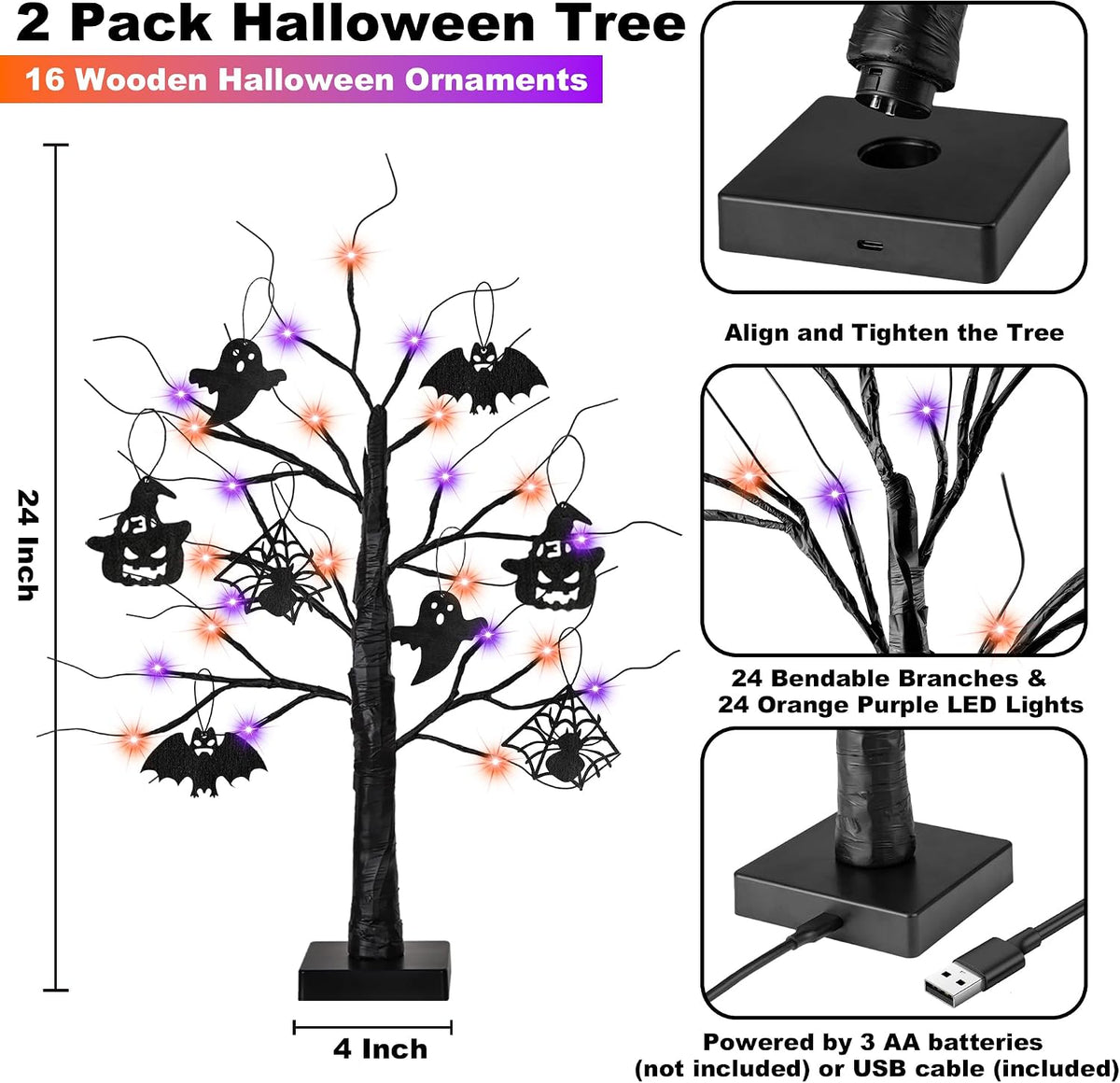 Halloween Decorations Indoor 2 Pack 24 Inch Black Halloween Tree with 24 LED ...