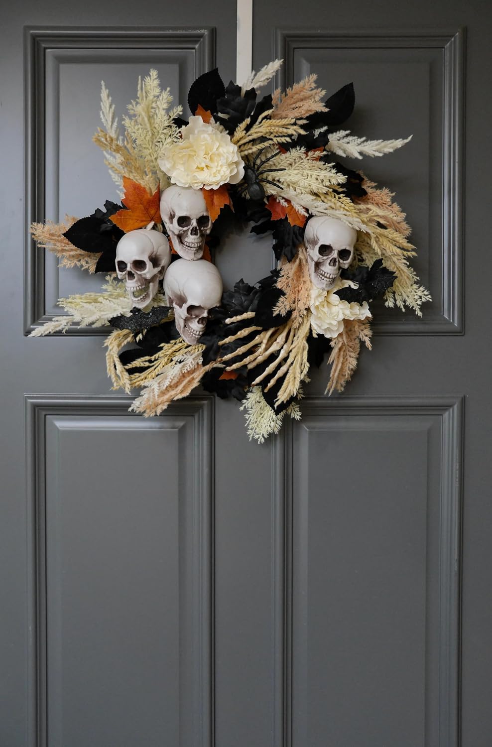 24" Halloween Wreath for Front Door with Artificial Skulls, Wheat, Maple...