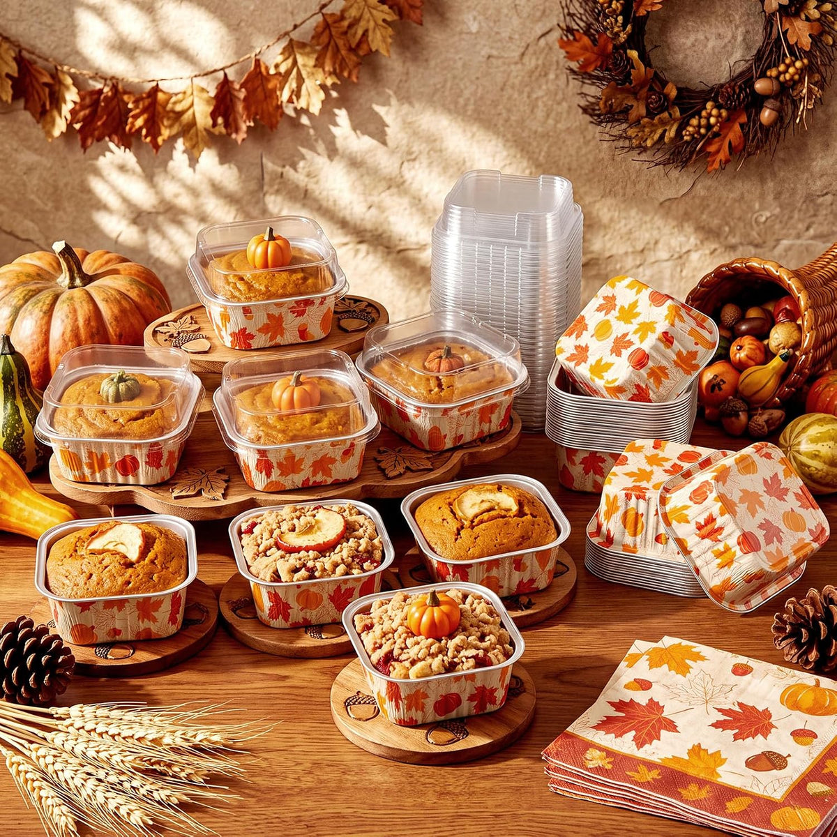 Potchen 100 Pack 5 oz Fall Mini Cake Pans with Lids, Pumpkin Maple Leaf
