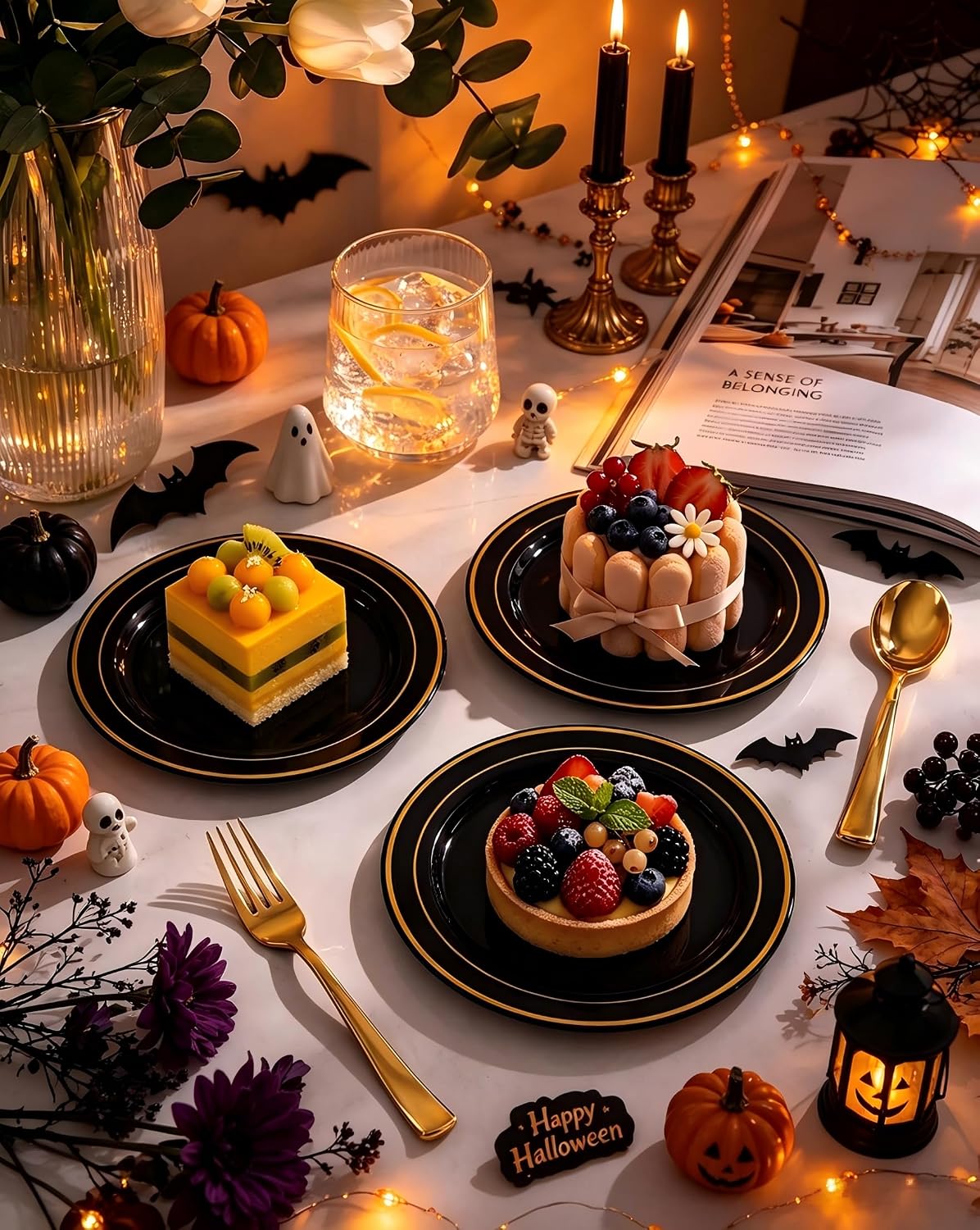 bUCLA 100 Pieces Black and Gold Plastic Dessert Plates - 7.5inch Disposable S...