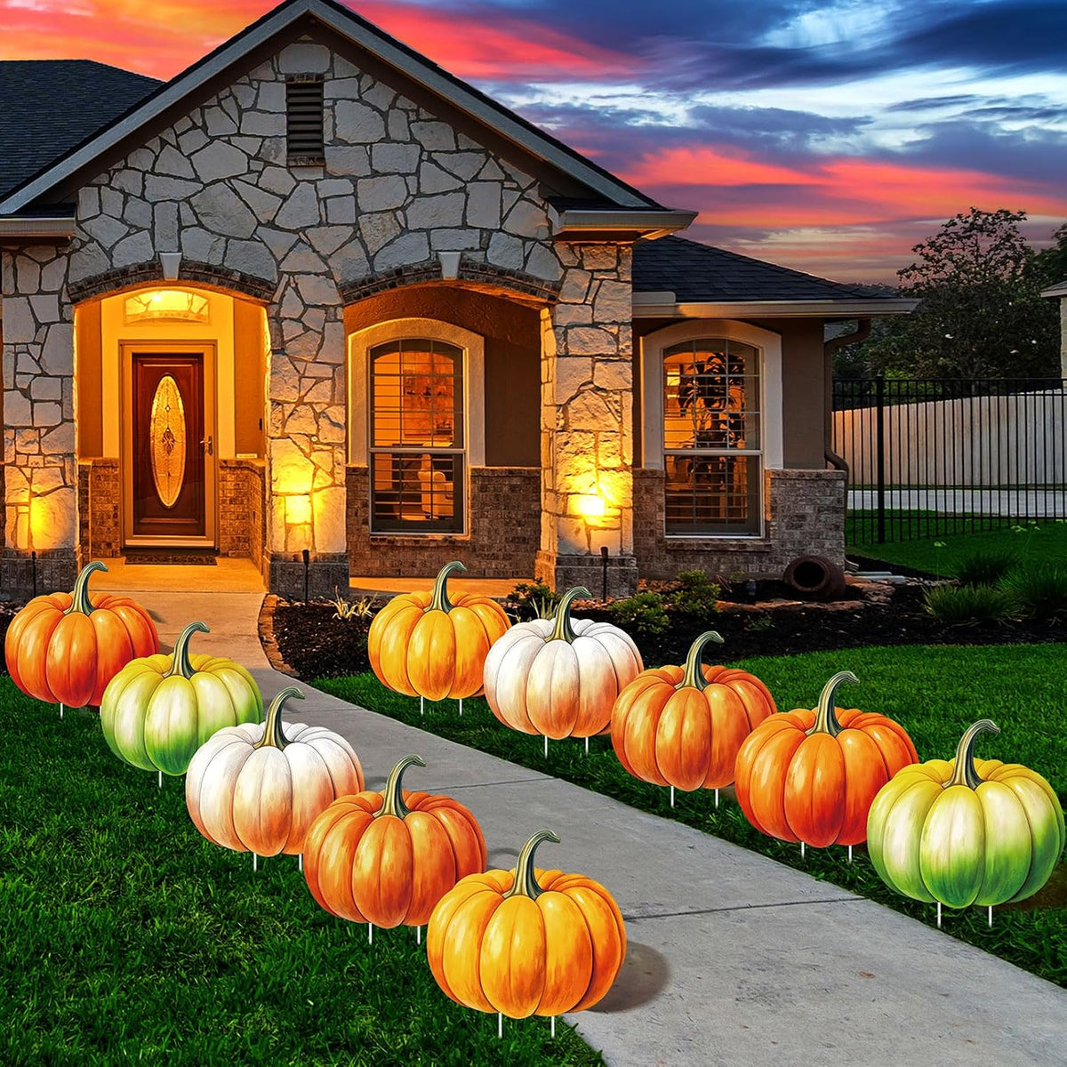 10 Pcs Fall Thanksgiving Lighted Pumpkin Yard Sign Stake Decor