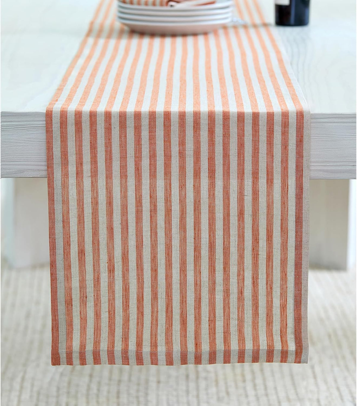 Solino Home 100% Linen Table Runner, 14 x 90 in, Pumpkin and Natural Stripe
