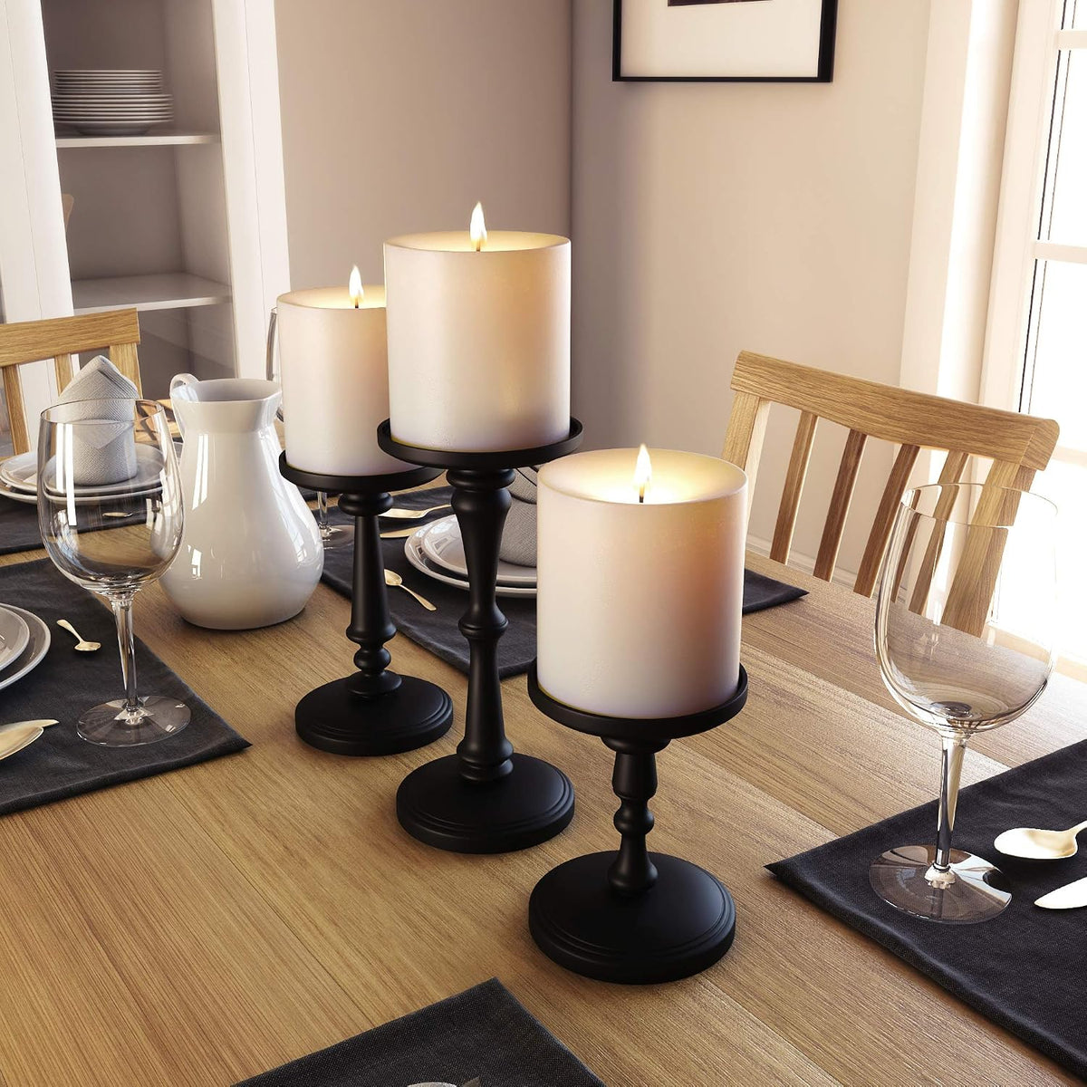 Candle Holders Set of 3 Matte Black, 6, 8,10" Tall Metal for Pillar Candles