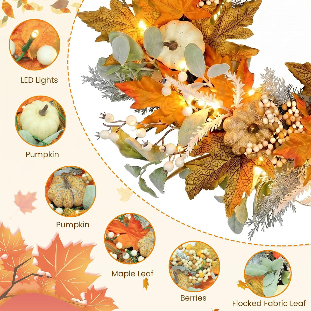 24IN Fall Wreath Prelit for Front Door, Halloween, Thanksgiving Decor
