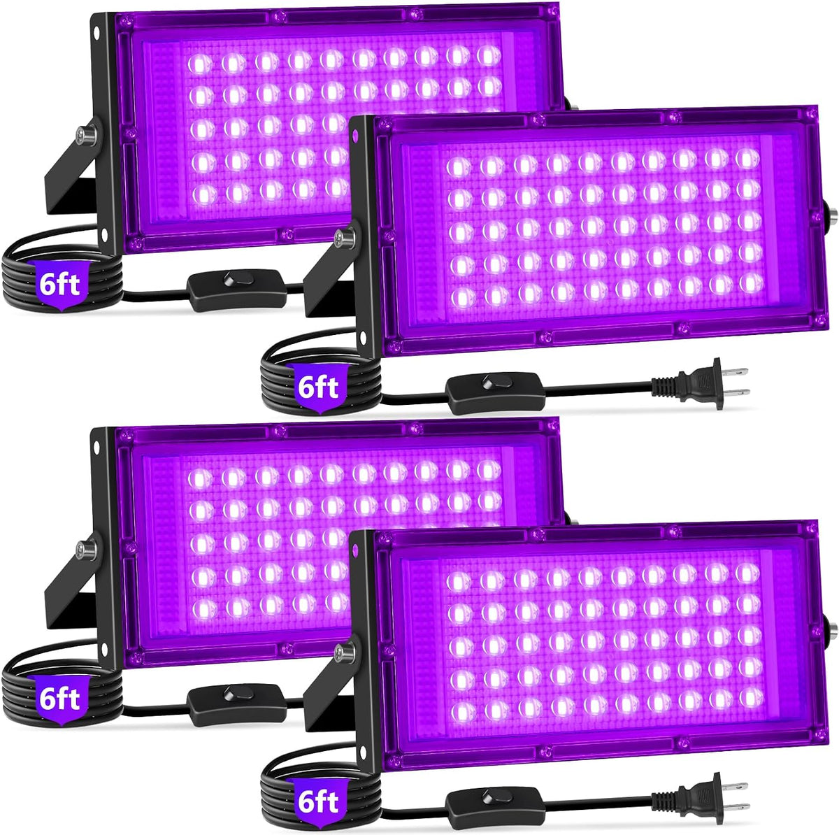 50W LED Black Lights with Switch+Plug, IP66 Waterproof, 4 Pack