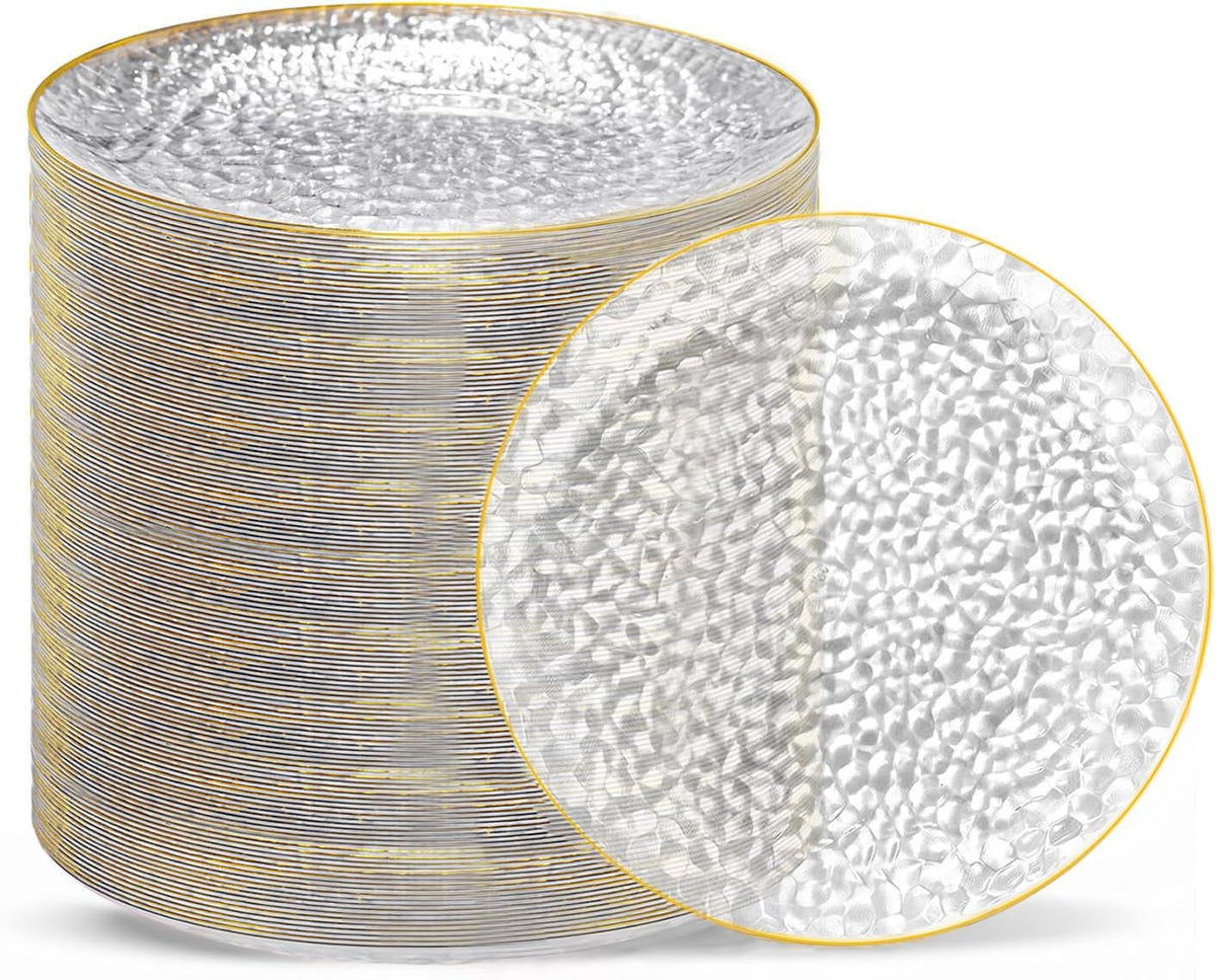 Rubtlamp 100 Pcs Clear Gold Plastic 7 Inch Plates, Small Hammered Party Plate...