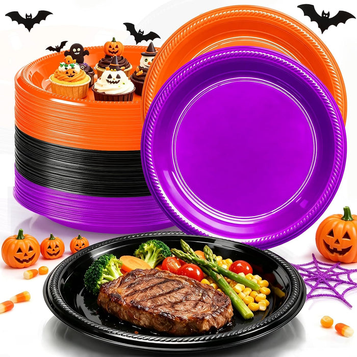 100 Count 10 Inch Halloween Plastic Plates Colored Party Disposable Plates