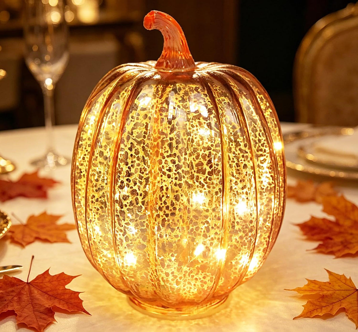 Fall Decorations for Home,Mercury Glass Pumpkin Lights with Timer(Rosegold)
