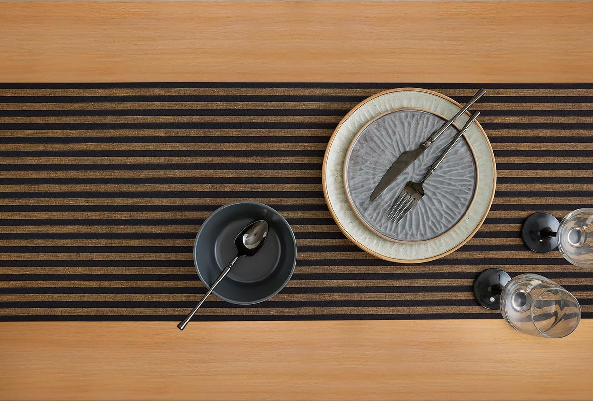 Solino Home 100% Linen Table Runner, 14 x 90 in, Brown and Black Striped