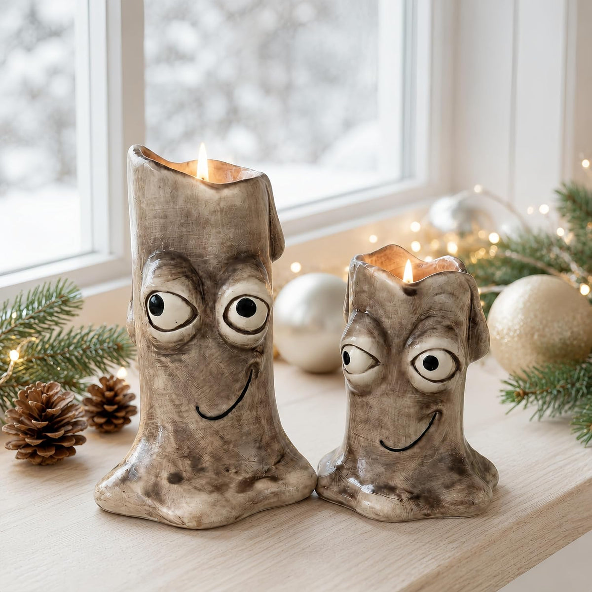 2 PCS Ceramic Candle Holders, Funny Face Decor Set for Home