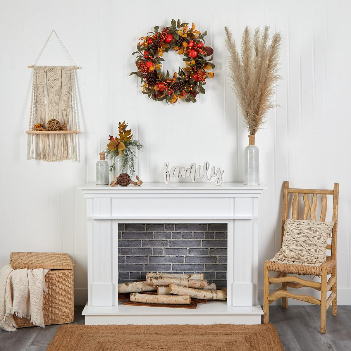 Nearly Natural 26 in Autumn Maple, Persimmons, and Pinecones Fall Wreath