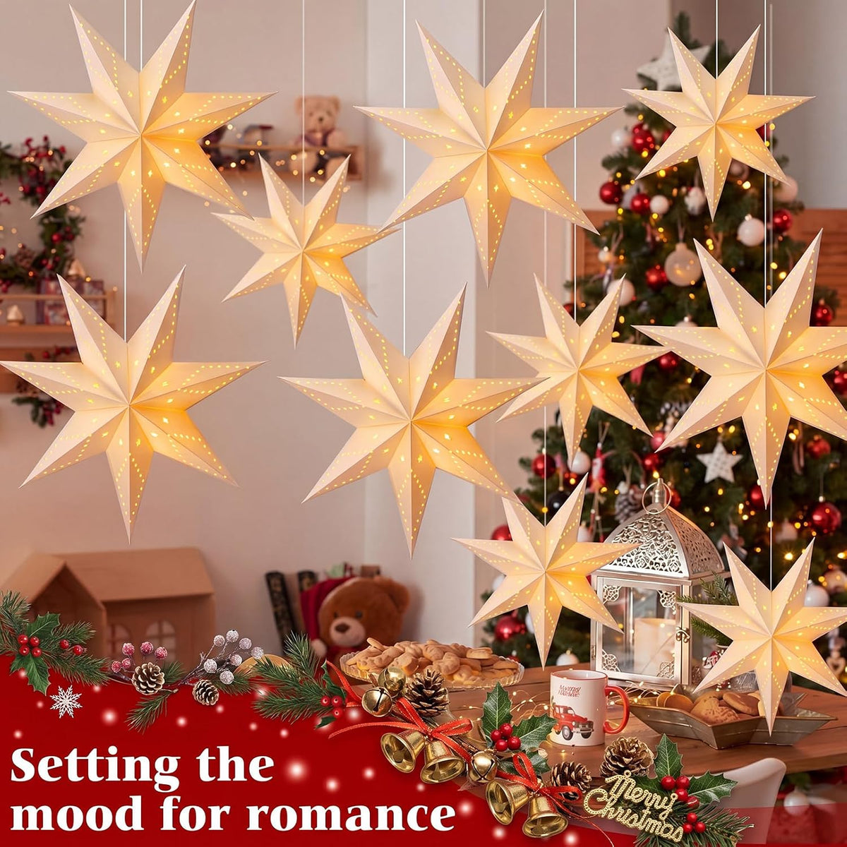 Youyole 12 Set Christmas Paper Star Lantern with Lights, 7 Pointed