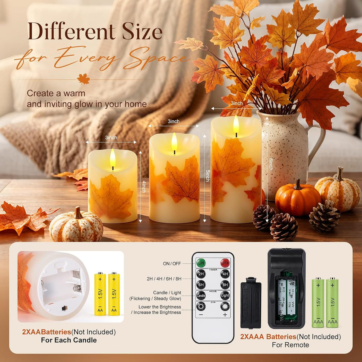 Raycare Maple Leaf Real Wax Flameless LED Pillar Candles with Timer Remote