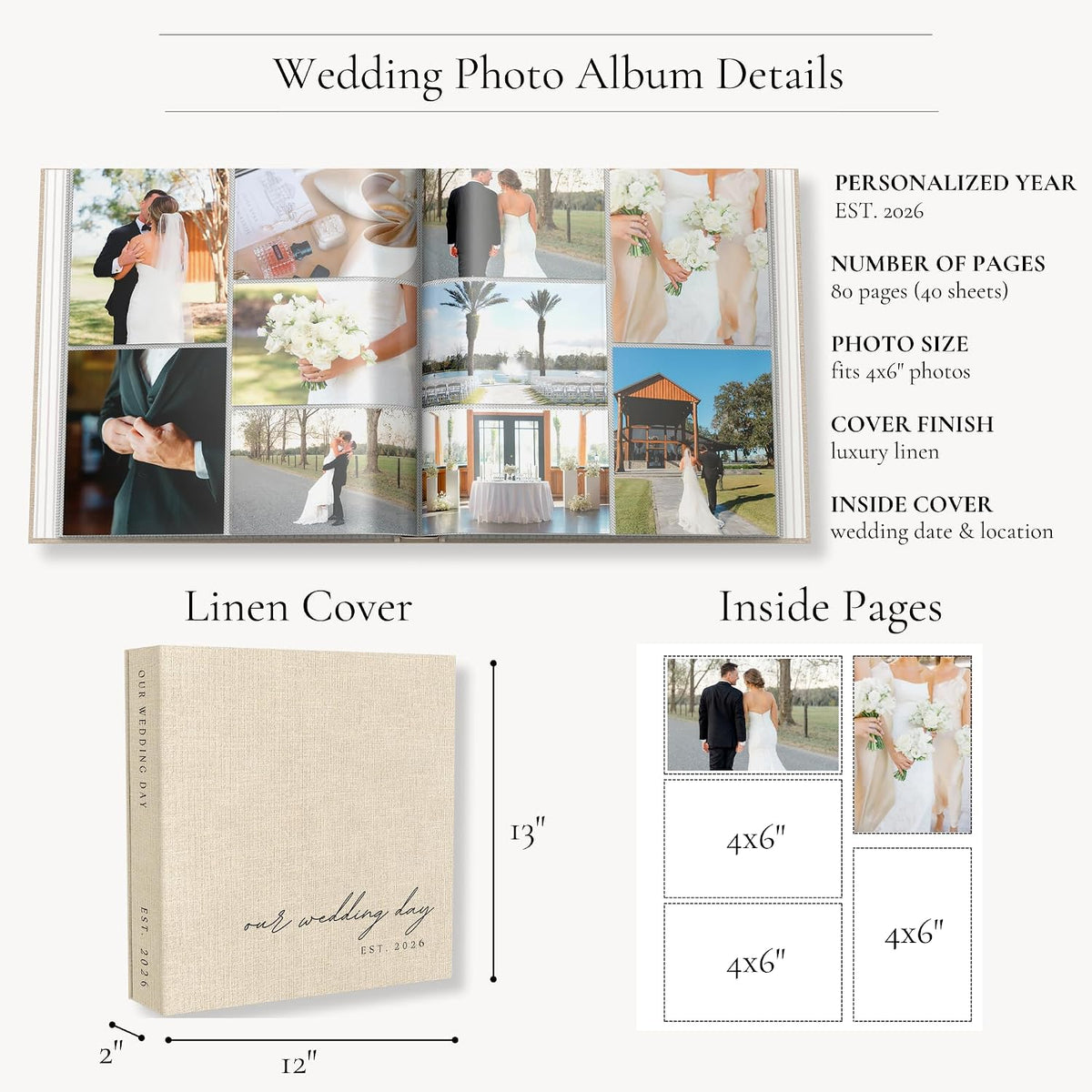 Wedding Photo Album 4x6 Pictures & Custom 2026 Year Linen Picture Scrapbook