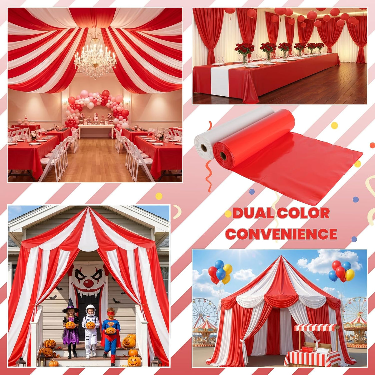 4 Rolls 100FT x 54IN Circus Plastic Tablecloth Roll with Slide Cutter Box