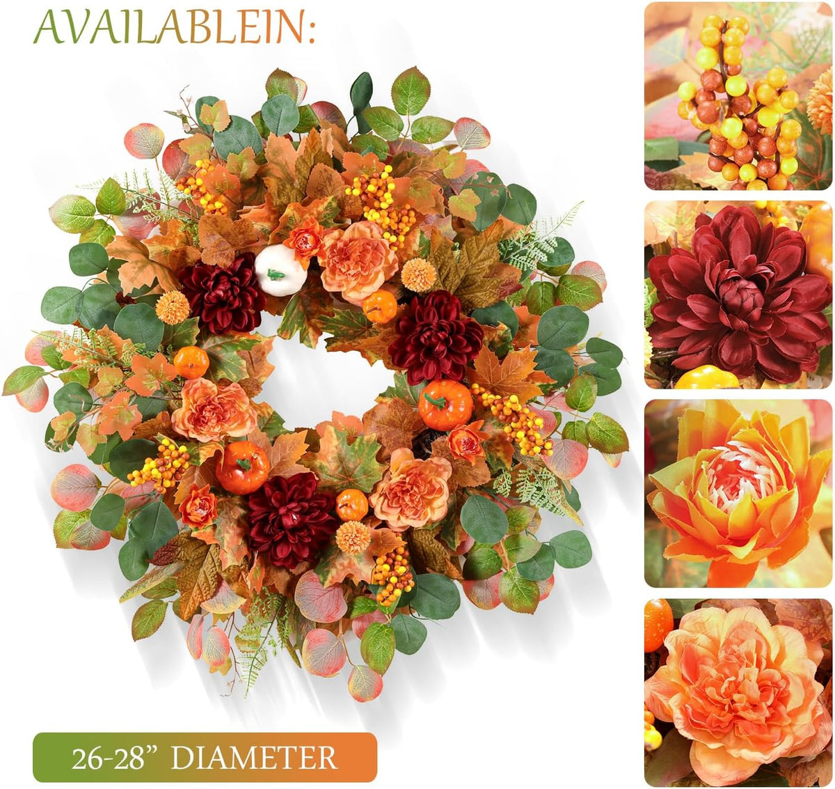 26 Inch Fall Wreaths for Front Door with Orange Camellia & Burgundy Dahlias