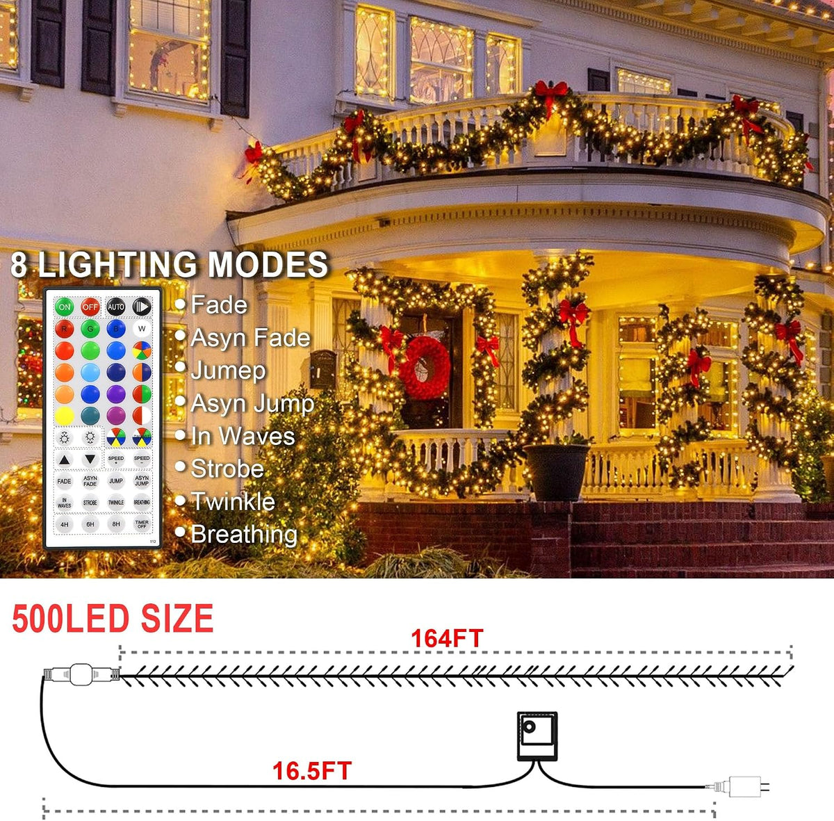 164 FT 500 LED Halloween Lights Outdoor , Waterproof RGB String Lights with R...