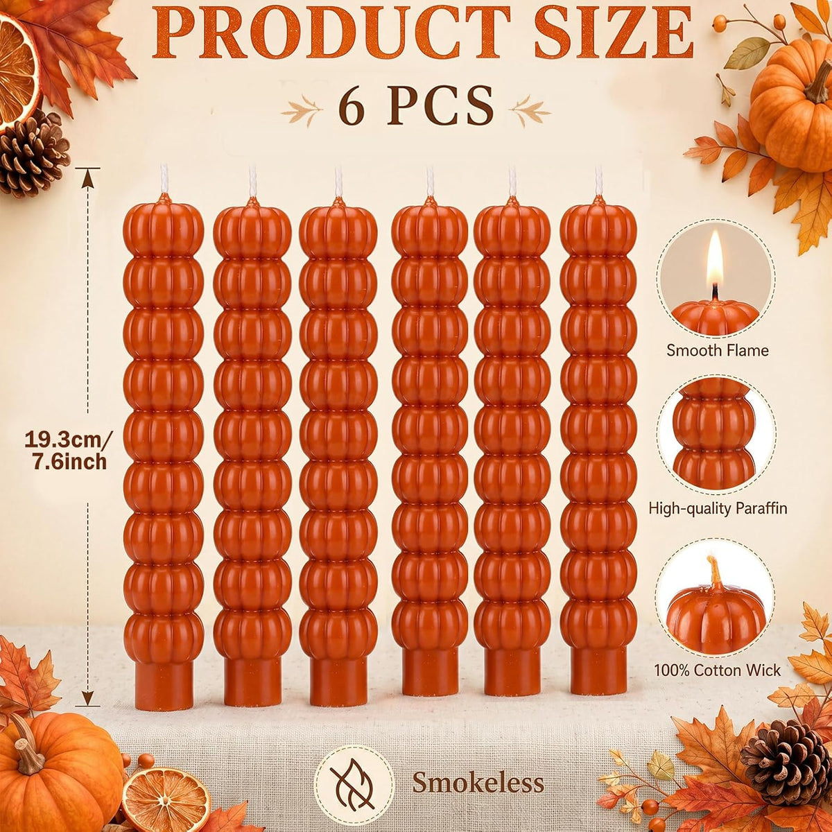 6 Pcs Thanksgiving Candlesticks Fall Taper Candles Pumpkin Decor Gifts