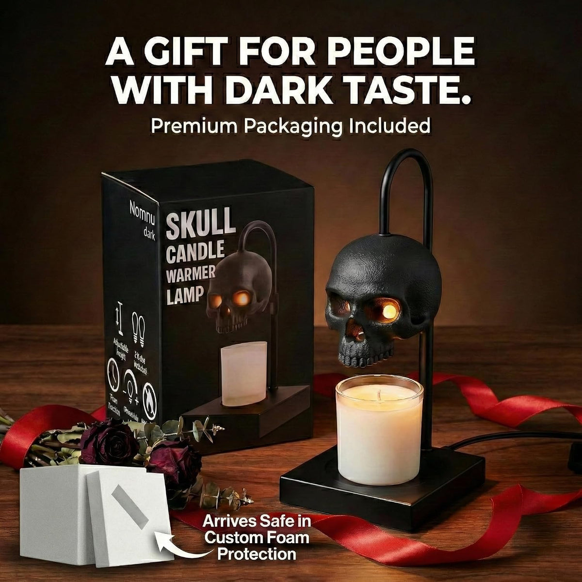 Nomnu Skull Candle Warmer Lamp, Black Spooky Gothic Decor w/Timer & Dimmer