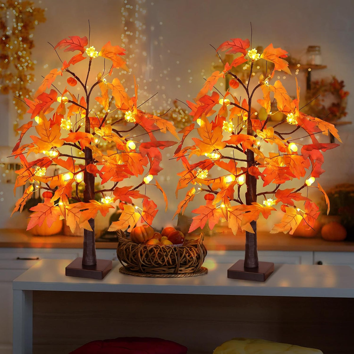 2 Pack 24 Inch Maple Tree Fall Thanksgiving Table Decorations with 48LED Batt...