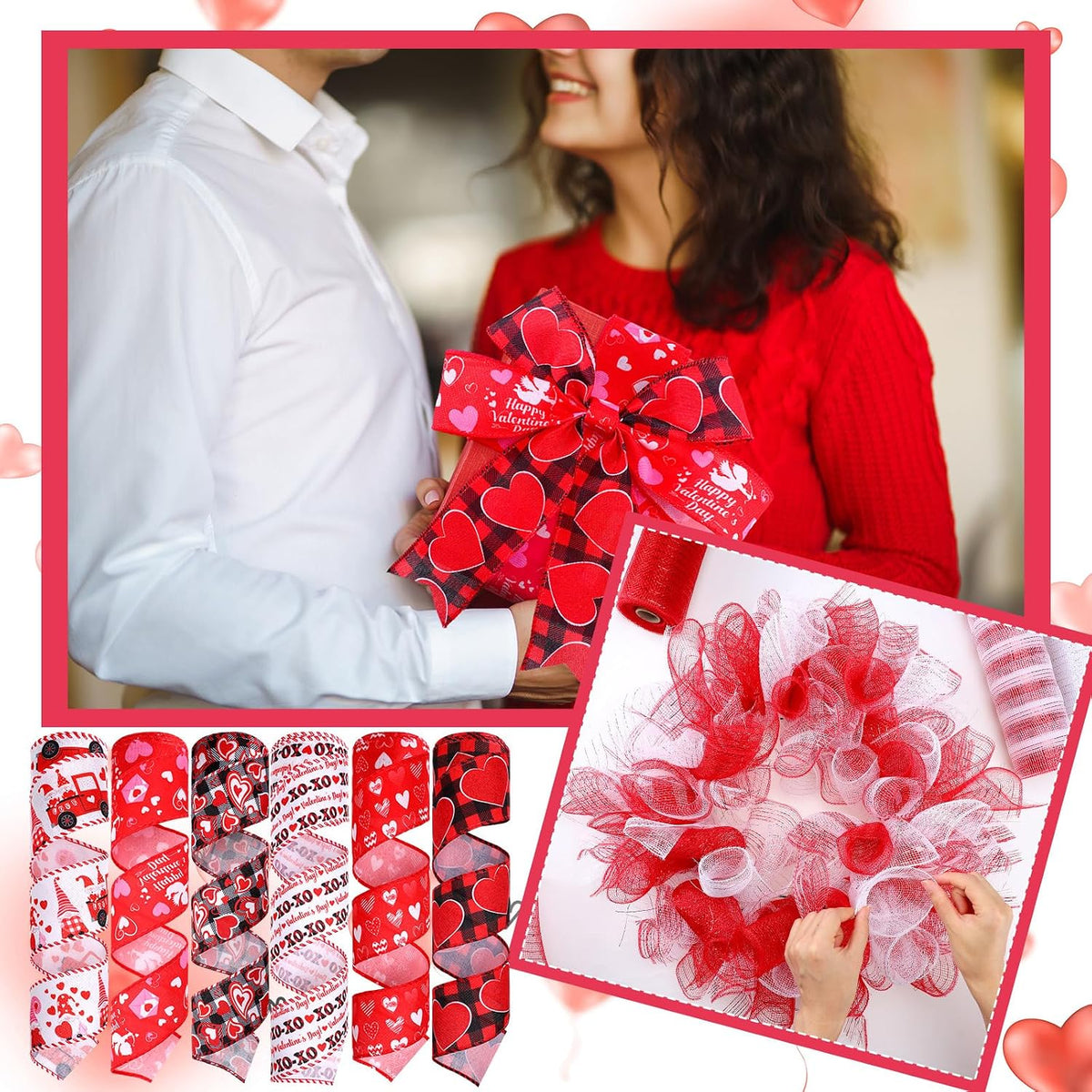 10 Pcs Valentine's Day Ribbon Including 4 Rolls Mesh Ribbon and 6 Rolls H...