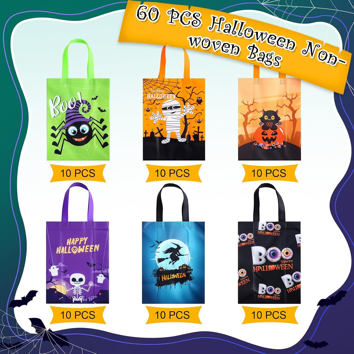 Sweetude 60 Pcs Halloween Tote Bags Bulk with Handles, Reusable