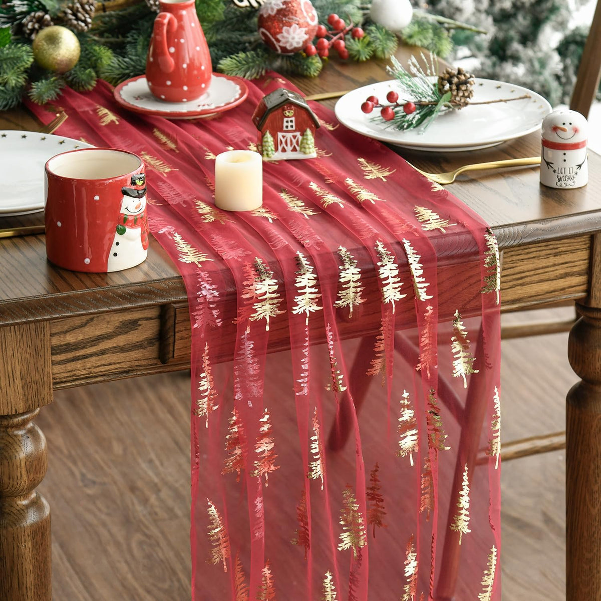 Artoid Mode 6PCS Red Gold Christmas Tree Gauze Table Runner 120 Inch 10FT, Gl...