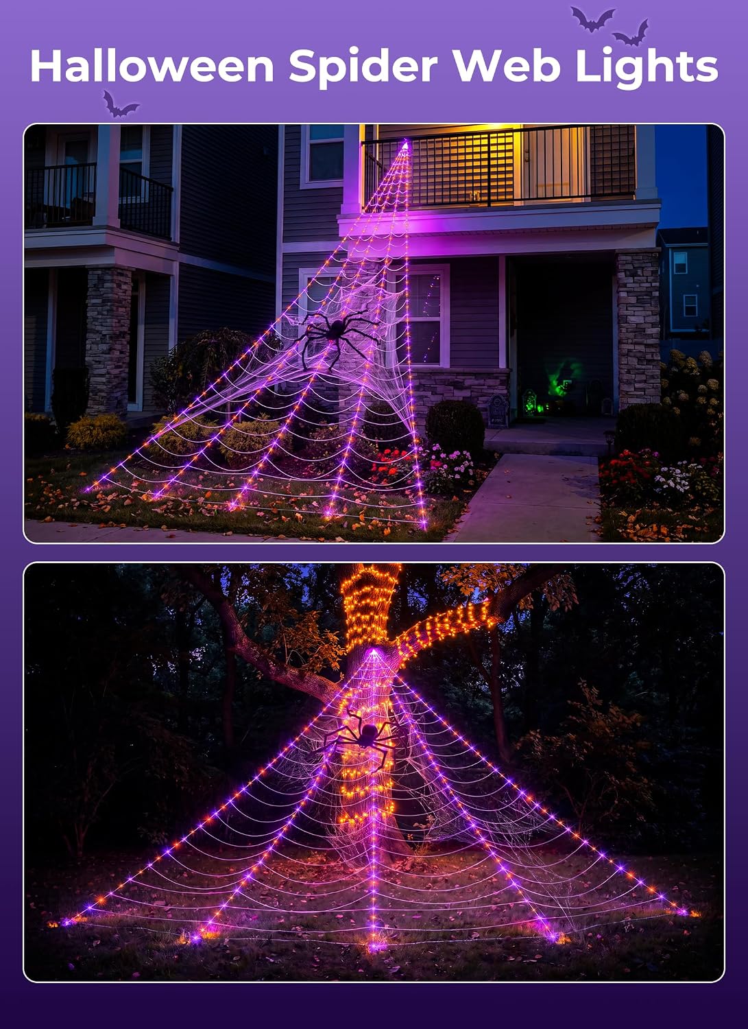 Brightown Halloween Decorations Outdoor, 255-LED Giant Spider Web Lights