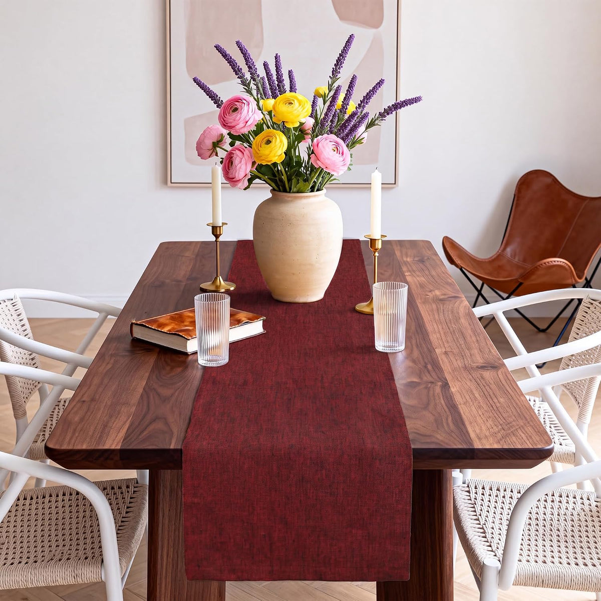 Red Linen Table Runner 14 x 108 Inch, 100% Pure Linen, Farmhouse Style, Washa...