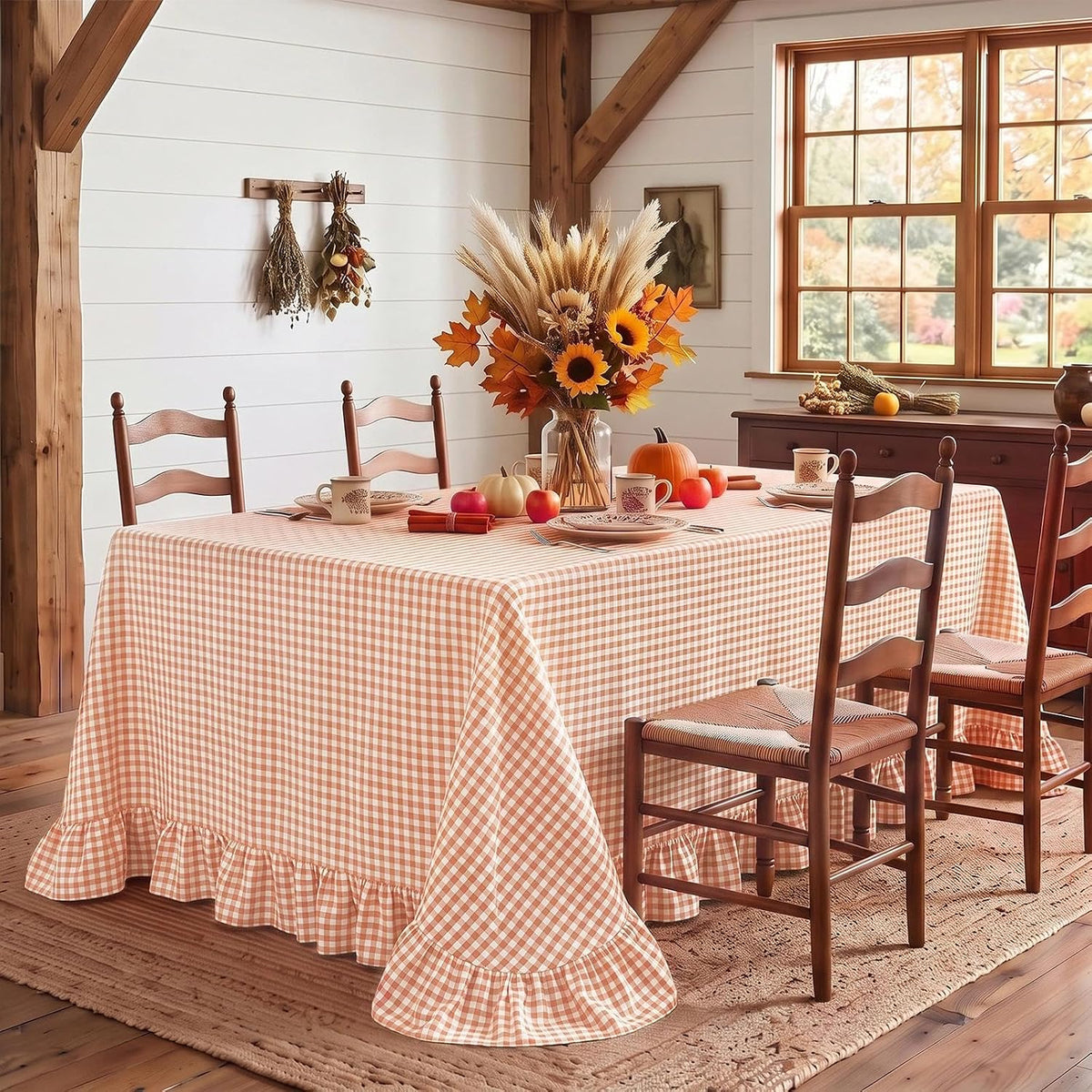 Eternal Beauty Gingham Ruffled Tablecloth Orange White 60x120 Thanksgiving