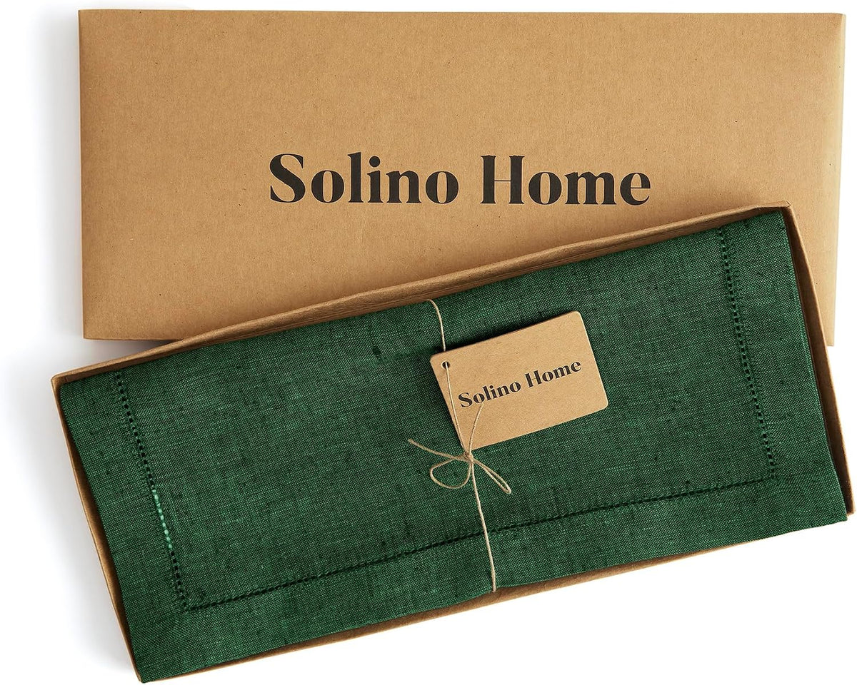 Solino Home 100% Pure Linen Dining Table Runner Green, Milan 14 x 108 in