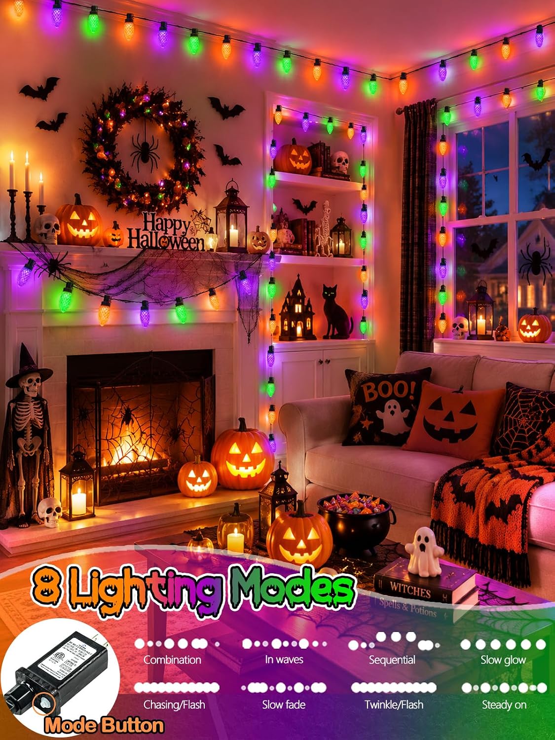 2 Pack C9 Halloween String Lights Plug in 66 FT 100 LED Orange Purple Green