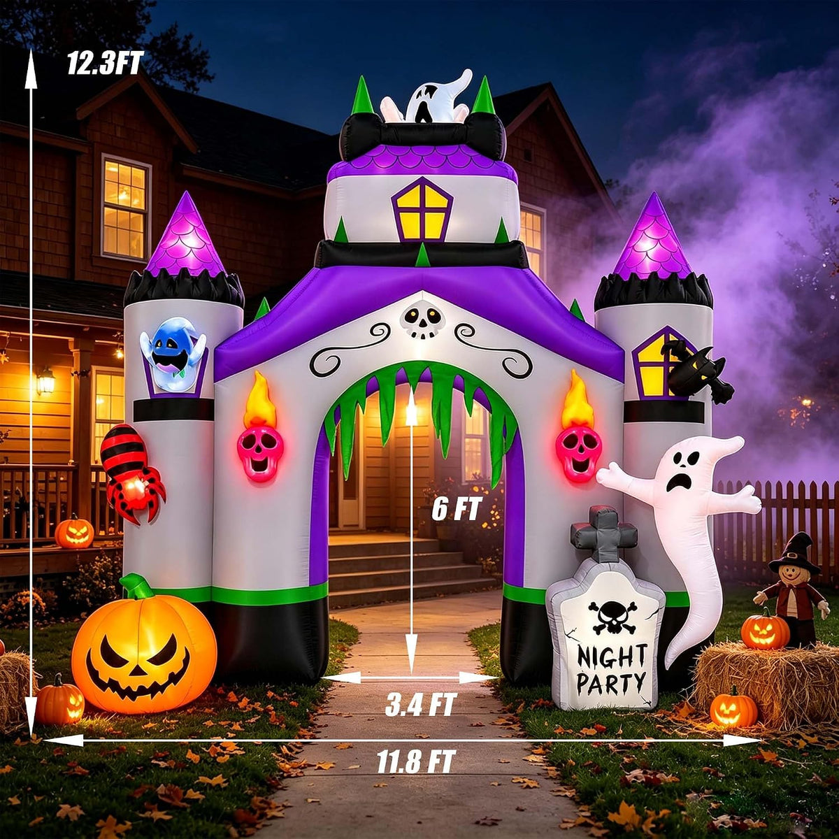 SEASONBLOW 12.3 Ft Giant Halloween Inflatable Haunted House Castle Archway Li...