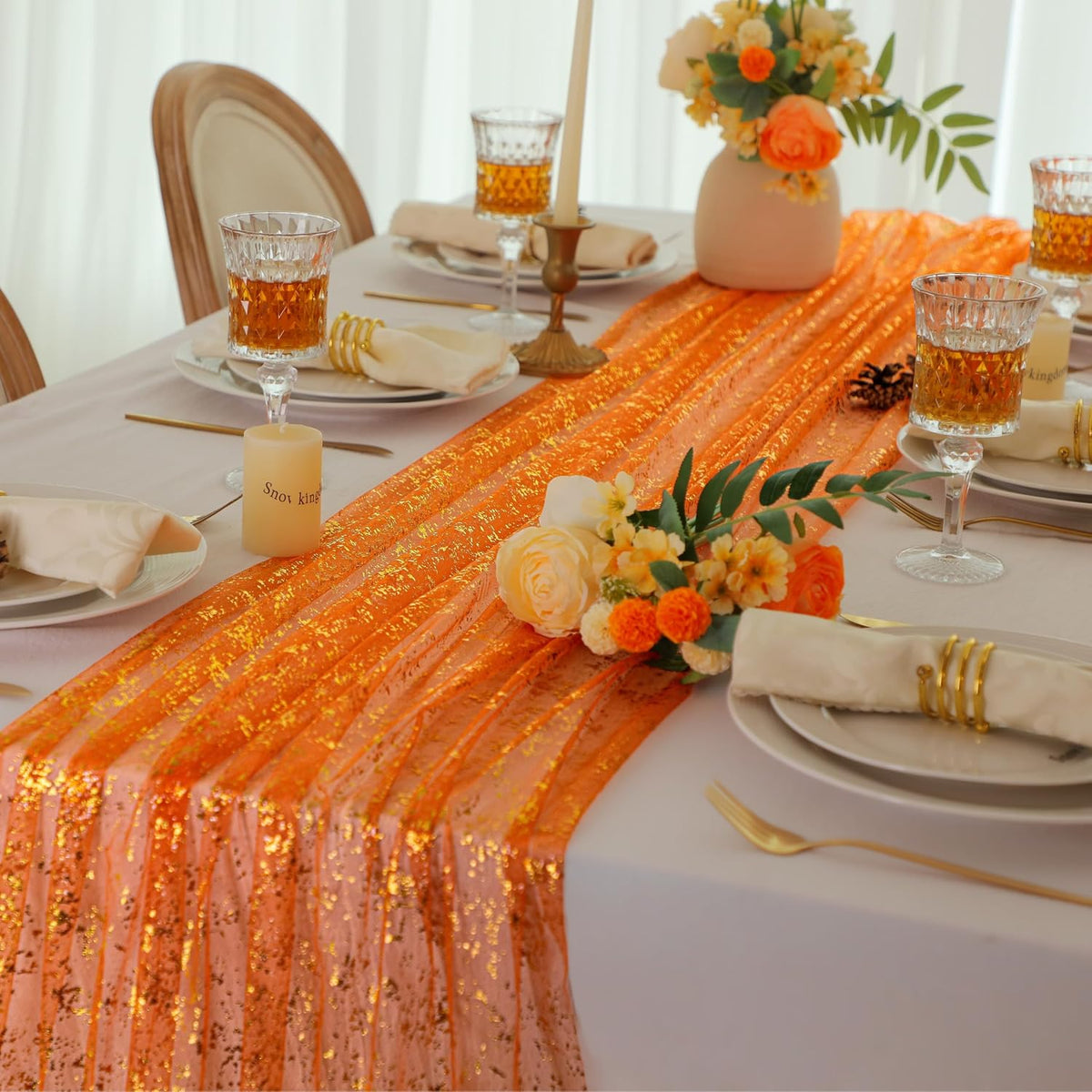 10Pcs Orange Gold Table Runner Metallic Foil Shimmer Sheer Gauze Decor 10ft