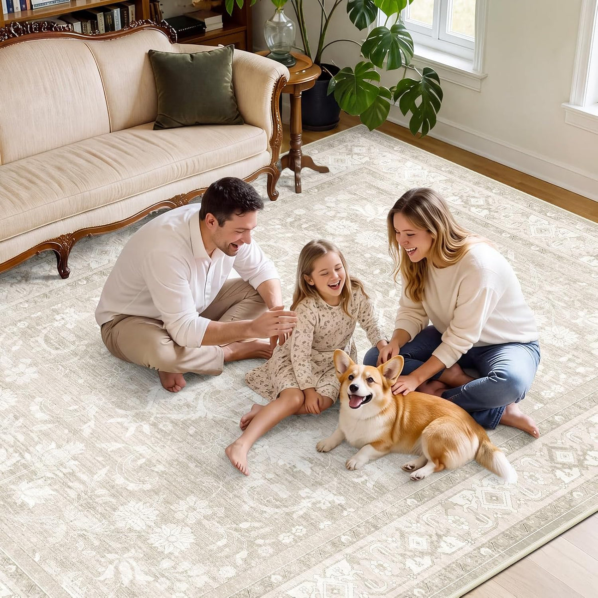 SameBed 8x10 Area Rug Living Room, Vintage Neutral Washable Carpet Beige
