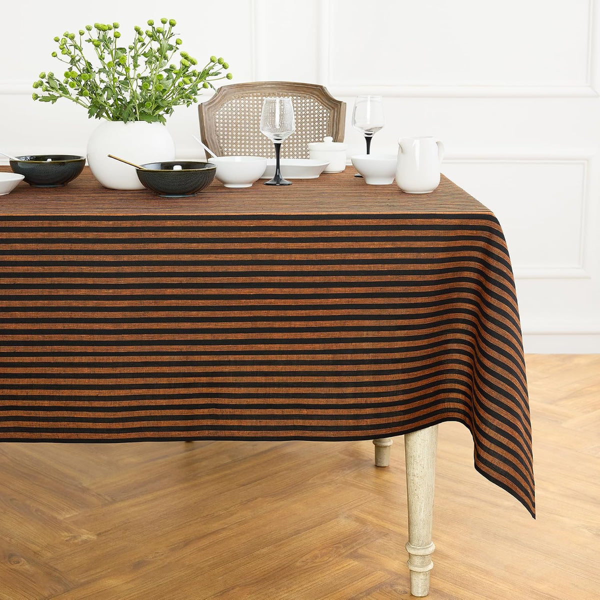 Solino Home 100% Linen Tablecloth, 60 x 120 in, Pumpkin and Black Striped
