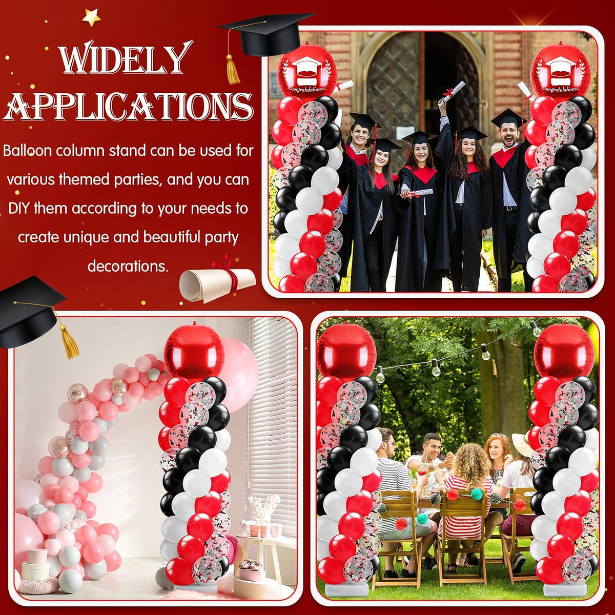 2 Sets Red Black and White Balloon Column Stand Kit, Adjustable Floor Balloon...