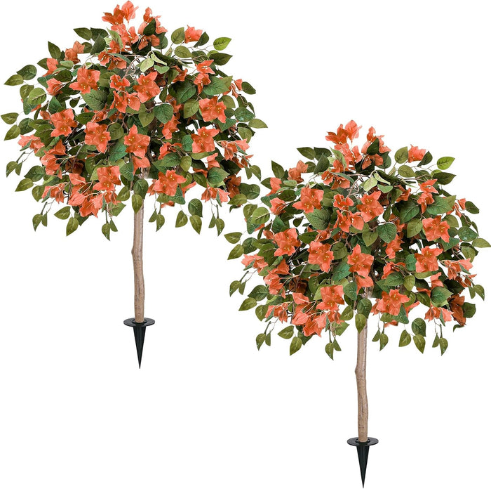 2PCS Fall Tree 4FT Artificial Bougainvillea Tree with Ground Spike UV Resistant Fake Orange Flower Topiary Plants for Outdoor Garden Patio Front Porch Autumn Thanksgiving Halloween Decor