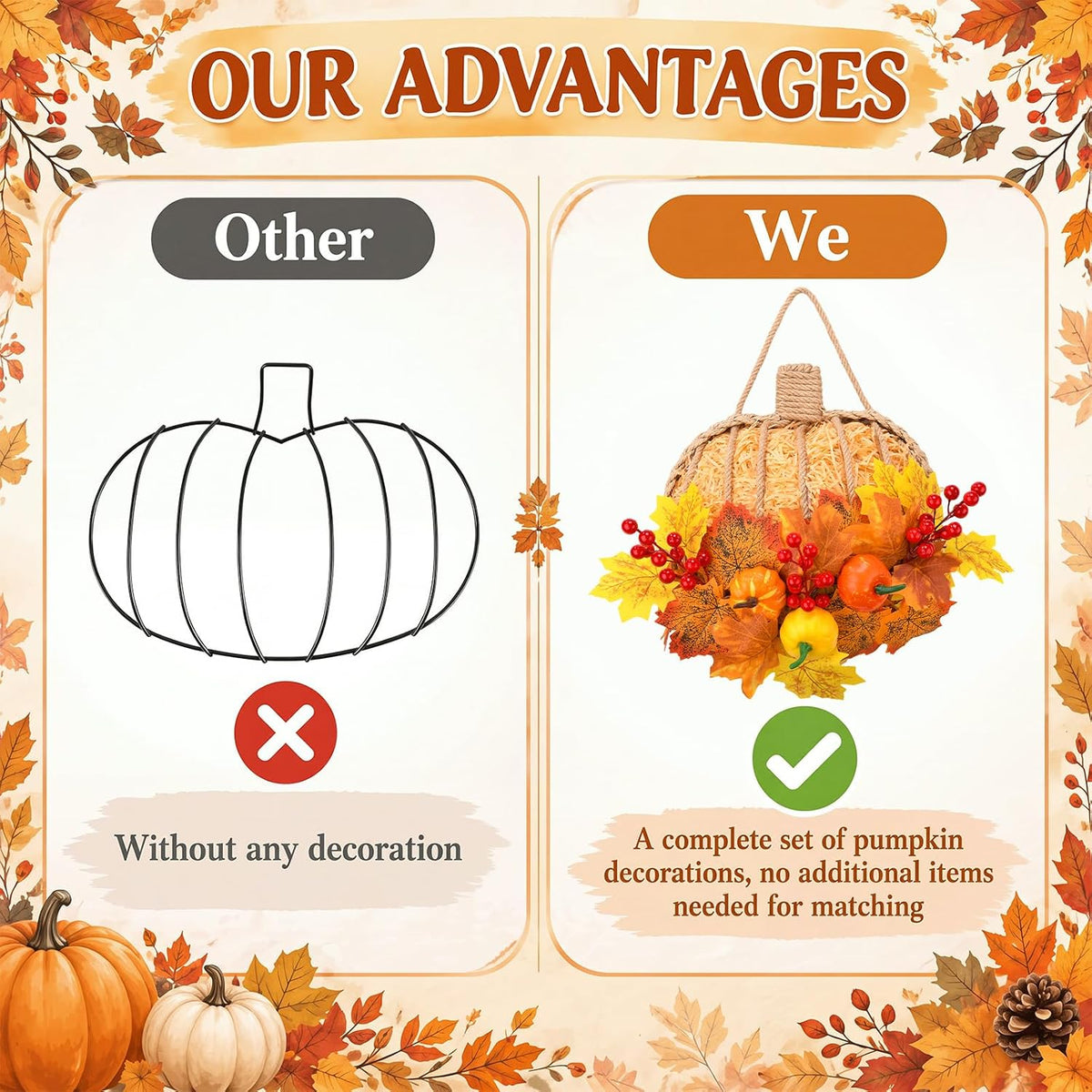13 Inch Fall Pumpkin Wreath for Front Door, Artificial Pumpkin Maple Leaves