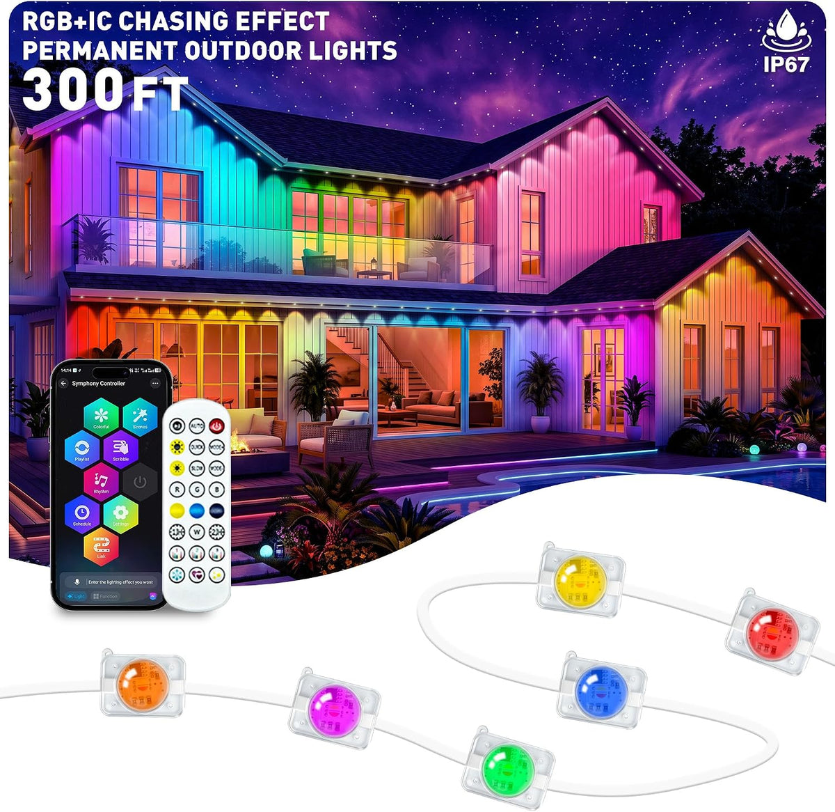 300FT RGB+IC Permanent Outdoor Lights, IP67 Waterproof, Smart App/Remote Cont...