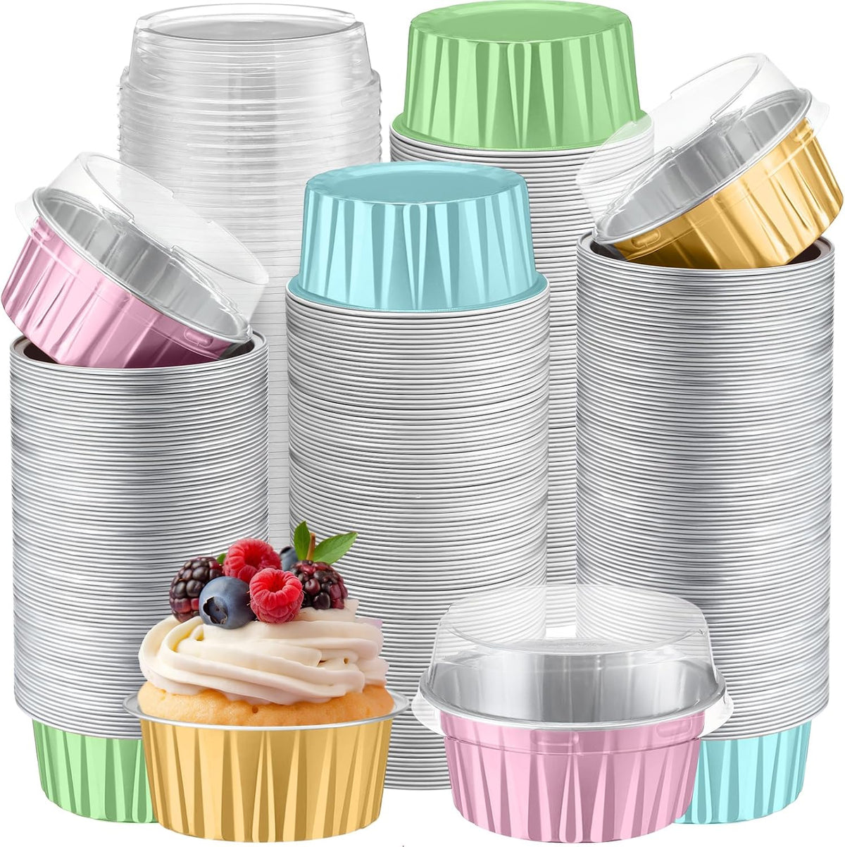 Gejoy 400 Pcs Aluminum Foil Baking Cups with Lids, Classic, Pastel Color