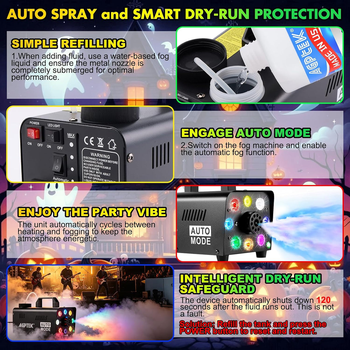 AGPTEK Fog Machine, 500W RGB LED Smoke Machine, Low Fluid Auto Shutoff