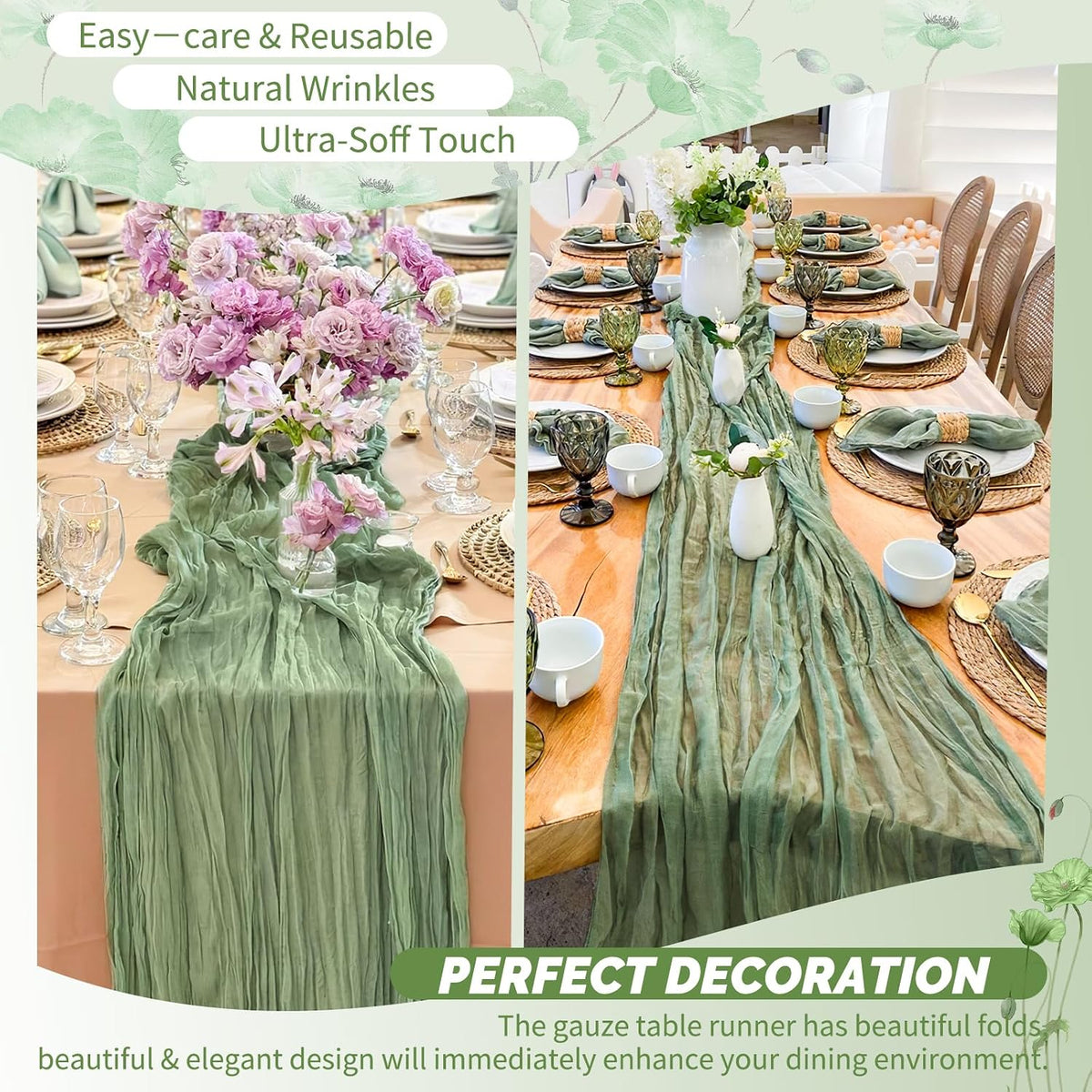 Showgeous 20 Pack Sage Green Cheesecloth Table Runner, 17 x 108 Inches