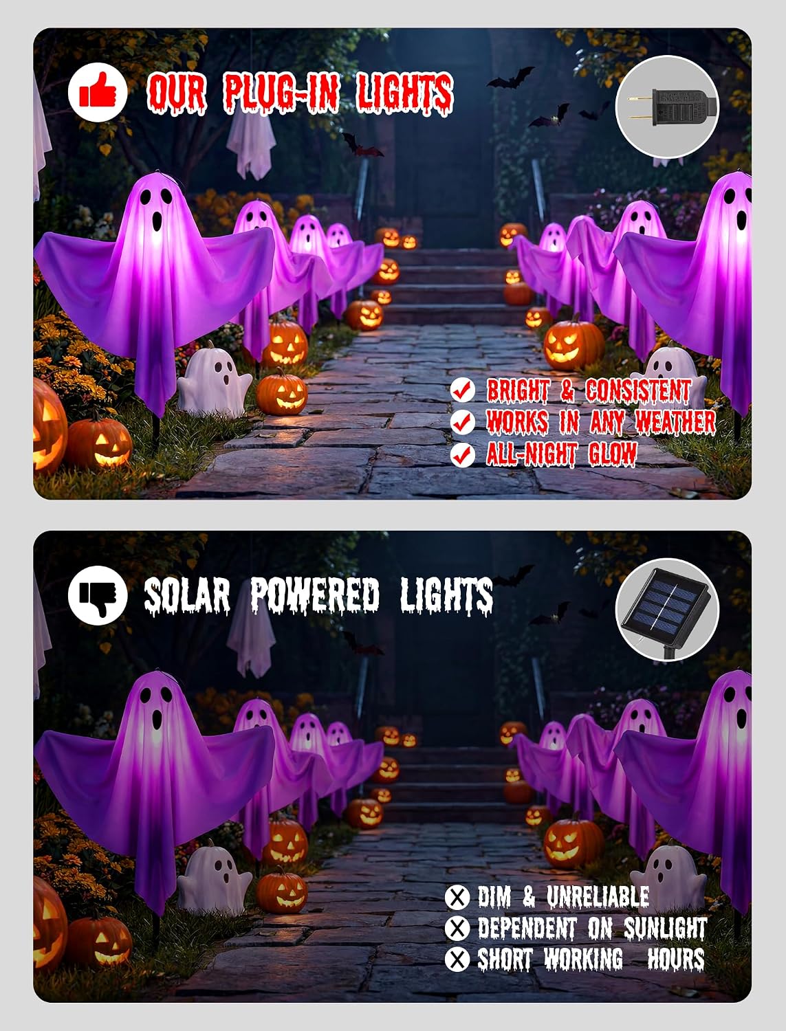11.5FT Halloween Ghost Pathway Lights Outdoor, 4 Pack Purple Ghost Decor