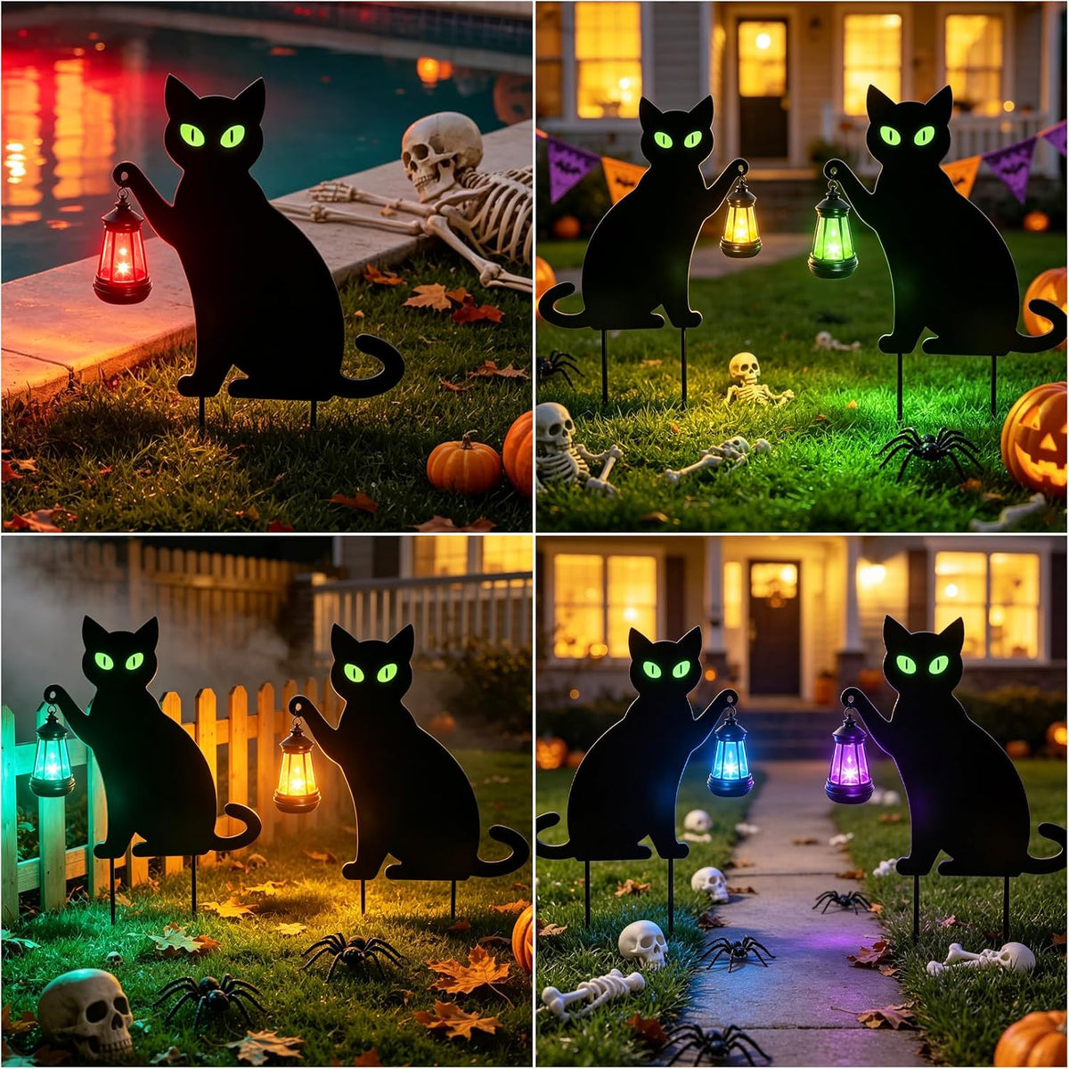 2 Pack Halloween Black Cat Solar Yard Stake, 7-Color LED Lantern