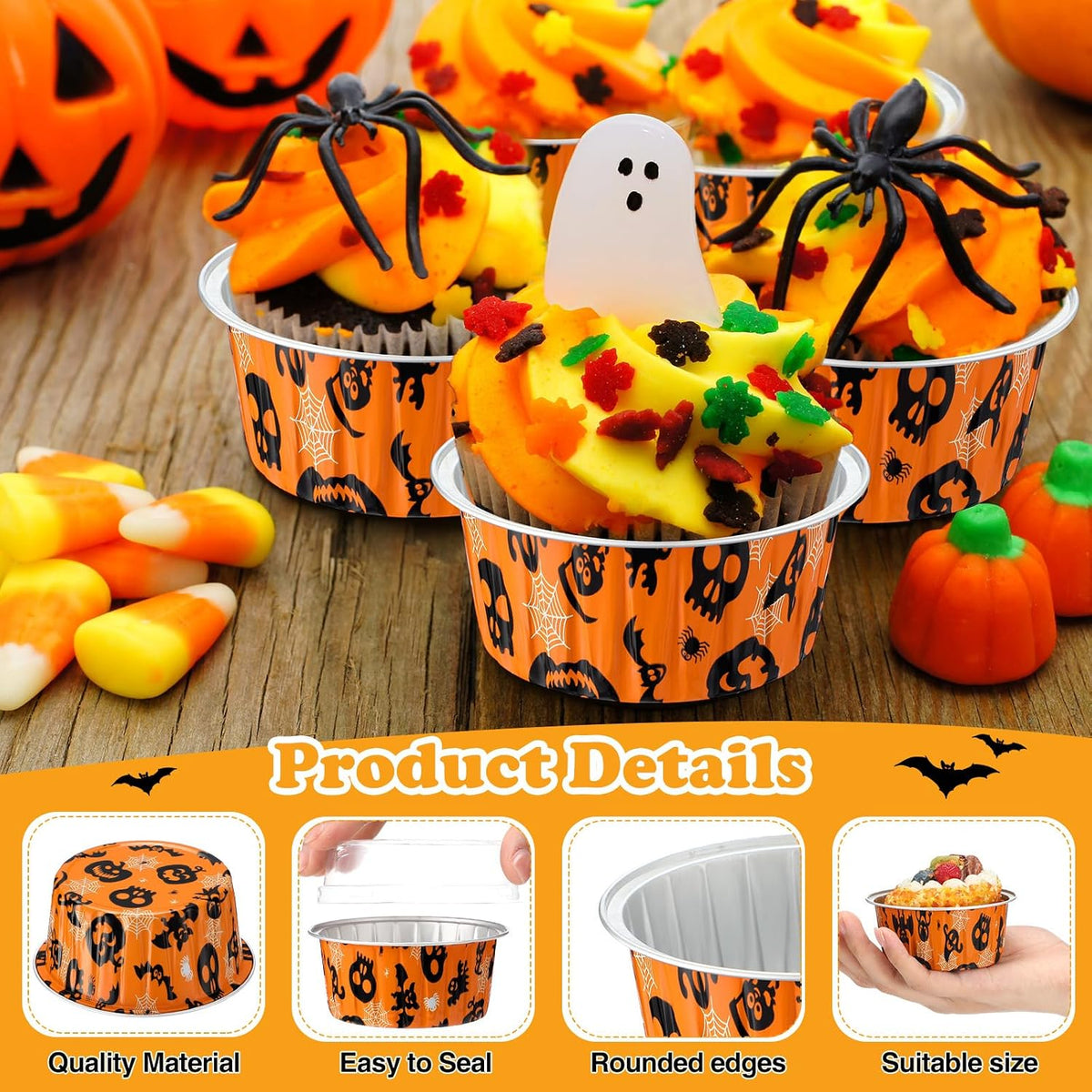 200 Set 5 oz Foil Baking Cup with Lid, Halloween, Orange