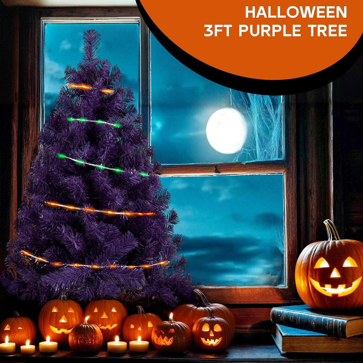 Purple 3ft Christmas Tree with Lights, Halloween 36inch Artificial Small Tree...