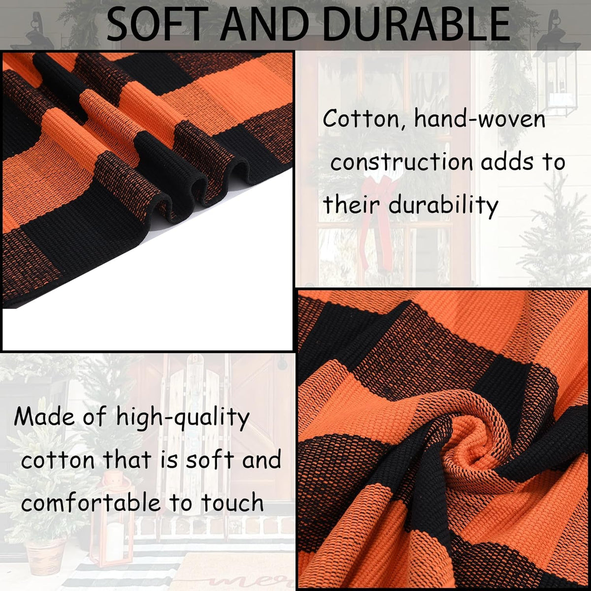 Orange and Black Plaid Rug, 3' x 5' Fall Outdoor Front Door Decor Mat...
