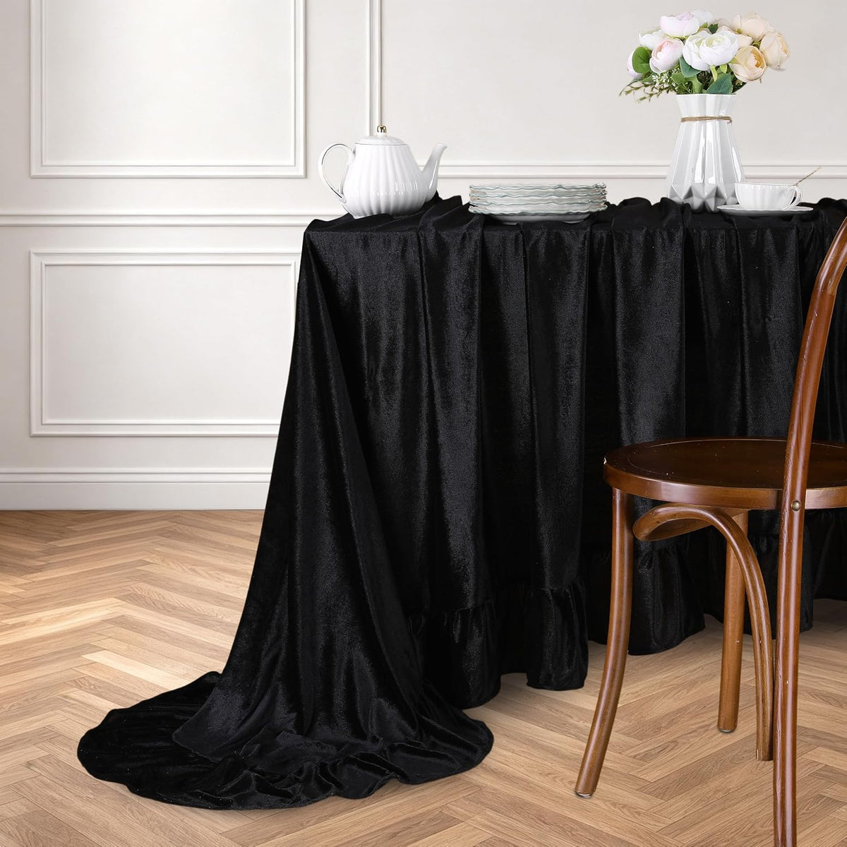 Black Velvet Tablecloth 60x120 Inch Solid Retro Ruffle Table Cloth